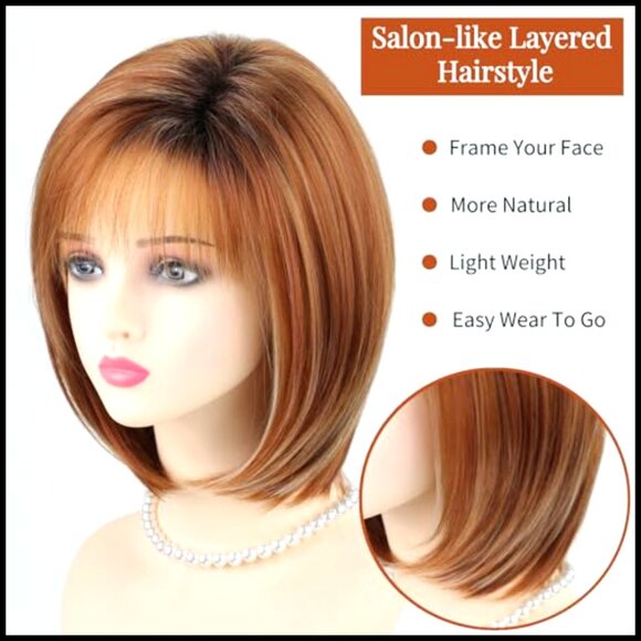 Layered Bob Wig with Bangs Straight Synthetic Daily Party Hairstyle Natural main image 4